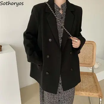 Kadın Kruvaze Blazers Çentikli Uzun Kollu Gevşek Mont Sonbahar Ofis Bayan Zarif Siyah Takım Elbise Kore Moda Klasik Ins