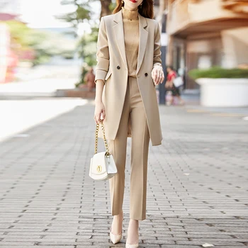Kadın Moda Yeni Slim Fit Katı Ofis Uzun Blazer Siper Meslek Eğlence Kadın Şık Ceket + kalem pantolon Takım Elbise 2 Parça Setleri