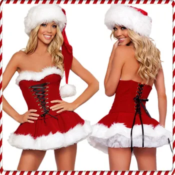 Kadın Noel Kostümleri Takım Elbise Noel Partisi Seksi Kırmızı Kadife Elbise Cosplay Noel Baba Kostüm Kıyafet S-XL