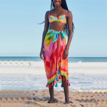 Kadın Retro Moda Gökkuşağı Colorblock Beachwear Bikini Saçak Seti Tatil Plaj Elbise Tasarımcısı Mayo Yaz Sörf Giyim