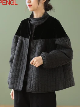 Kadın Sonbahar Ceketler O-Boyun Uzun Kollu Palto günlük kıyafetler Patchwork Siyah 2022 Yeni Düğme Gevşek Kore Geniş belli Ceketler