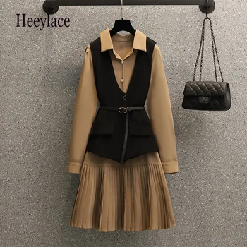 Kadın Sonbahar Seti Ofis Bayanlar Zarif İki Parçalı Set Kore Uzun Kollu Elbiseler Ve Blazer Yelek Takım Elbise Yüksek Bel Takım Elbise