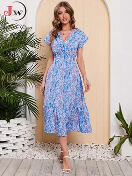 Kadın Yaz Şifon Çiçek baskılı uzun elbise Kısa Kollu Zarif V Boyun Elastik Bel Tatil Plaj Elbise
