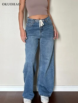 Kadın Yüksek Bel İpli Düz günlük kot Baggy Y2k Vintage Denim Pantolon Gevşek Streetwear Pantolon Giyim Kadın Yeni