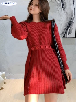 Kadın Örme Kazak Kazak Elbise Kış Sıcak Temel Giyim Bayan Şık Kore Kırmızı Siyah Örgü Kemer elbise