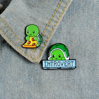 Karikatür Emaye Pimleri Introvert Kaplumbağa Aşk Pizza Broş Hayvan Rozetleri Denim Giysi Çantası Özel Yaka Pin Hediye Çocuklar için Arkadaş