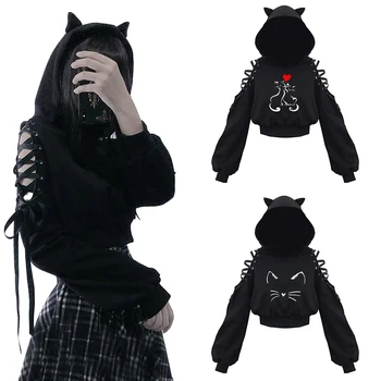 Kawaii Hoodie Kadınlar Sevimli Kedi Kulaklar Üstleri Gotik Punk Bandaj Siyah Tişörtü Goth Gyaru Moda Japon Y2k Harajuku Giyim