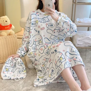 Kawaii Sanriod Anime Hobi Kitty Cinnamoroll kadın Sonbahar ve Kış Mercan Polar Pijama Kalınlaşmış Flanel Gecelik
