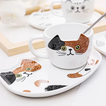 Kedi Severler Seramik Kahve kupa ve altlık seti Kaşık ile Japon Tarzı Kahve Fincanı Kawaii Sofra Hediye içecek bardakları