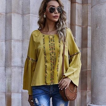 KHALEE YOSE Çiçek Baskılı Boho Bluz Gömlek Sarı İlkbahar Yaz Kadın Bluz Vintage Chic Parlama Kollu Etnik Bayanlar Tops 2022