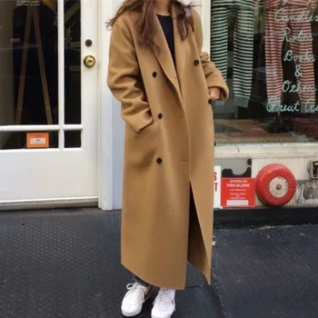 Kore Kadınlar Kış Uzun Yün Ceket Ceket Kadın Yün Palto Uzun Kollu Kruvaze Giyim