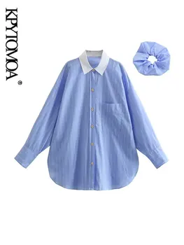 KPYTOMOA Kadın Moda Scrunchie Çizgili Büyük Boy Poplin Gömlek Vintage Uzun Kollu Ön Düğme Kadın Bluzlar Chic Tops