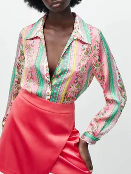 Kumsvag 2022 Yaz Kadın Saten Gömlek Bluzlar Tops Vintage Baskı Uzun Kollu V Yaka Kadın Moda Sokak İnce Üst Giyim