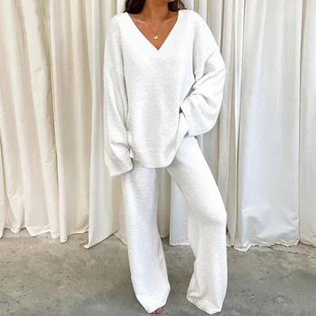 Kış Katı V Yaka Uzun Kollu Sıcak Pantolon İki Parçalı Set Moda Sonbahar Kıyafetler Kadınlar Kalın Eşofman