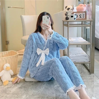 Kış Yeni Sıcak Pazen kadın Pijama Seti Uzun kollu Pantolon Sevimli Yumuşak Ev Giyim Pijama Pijama Giysileri kadınlar için