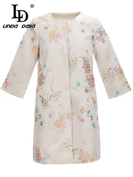 LD LINDA DELLA Moda Pist Sonbahar Kış Uzun Ceket Kadın 3/4 kollu Tek göğüslü Çiçekler Kristal Boncuk Vintage Dış Giyim