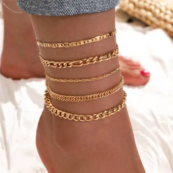 LETAPI 5 adet / takım Yeni Vintage Basit Altın Renk Link Zinciri Halhal Kadın Kızlar Bohemian Bacak Ayak Bileği Halhal Bilezik Plaj Takı