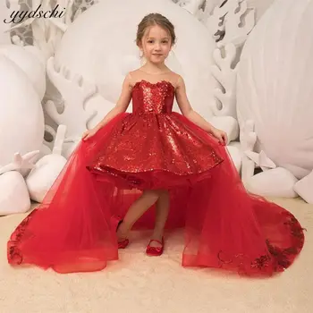 Lüks Kırmızı Ayrılabilir Tren Çiçek Kız Elbise Düğün İçin 2022 Prenses Balo Parlak Payetli Pageant İlk Communion Abiye