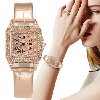 Lüks Moda Kare Kadın Saatler Marka Basit Elmas Arama Bayanlar Kuvars Saatı Stil Kadın Altın Deri Saat Hediye