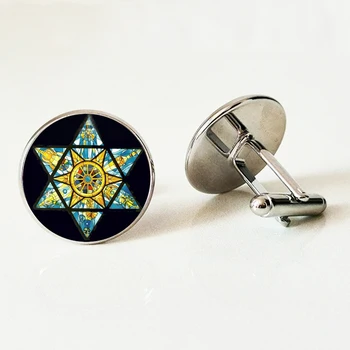 Magen David Yıldızı Moda Erkek Kol Düğmeleri Geometri Pentagram Sanat Cam Kol Düğmeleri Yahudi Kalkanı Sembolü Yüksek Kaliteli Erkek Kol Düğmesi