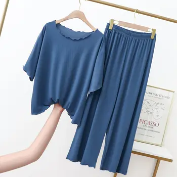 Mavi Yeni Modal Yaz kısa kollu Pantolon Bayanlar Pijama Takım Seti Eğlence Salonu Ev gecelik kadın Kumaş Giyim Üst