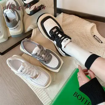 Meotina Kadınlar Hakiki Deri Flats Platformu Sneakers Yuvarlak Toe Lace Up Bayanlar Karışık Renkler Ayakkabı İlkbahar Sonbahar Beyaz Siyah 40