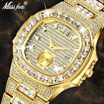 MISSFOX lüks erkek saatleri Altın 18K Modeli Tamamen Kaplamalı Baget Elmas Erkek Saatler Su Geçirmez Takvim Erkek Saat Saat