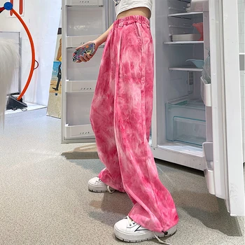 Moda Dipleri Pembe Batik Rahat Pantolon Kadife Yüksek Bel Geniş Bacak Pantolon Vintage Düz Bağlama Ayak Pantolon Bayanlar Bahar