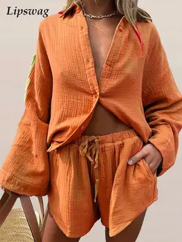 Moda Parlama Kollu Düğmeli Yaka Gömlek Ve Kravat-up Şort Takım Elbise Kadın Yaz Moda Düz Renk Iki Parçalı Setleri Kadın Kıyafetler