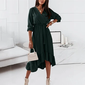 Moda V Boyun Uzun Kollu Yeşil Midi Elbise Kadınlar 2021 Sonbahar Giysileri Rahat Zarif Ofis Bayanlar Elbiseler Kadın Robe Femme