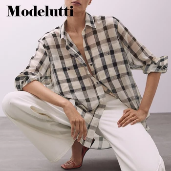 Modelutti 2022 Yeni Bahar Sonbahar Moda Uzun Kollu Ekose Gömlek Kadın Gevşek Bluz Basit Mizaç Rahat Üst Blusas Kadın