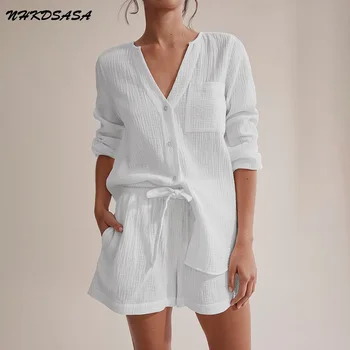 NHKDSASA Cep Beyaz Pijama Pamuk Takım Elbise Şort Kadın Bağlama Uzun Kollu Seti Kadın 2 Adet V Yaka Kadın Pijama Yaz