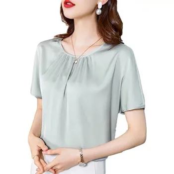 Ofis Bayan Şifon Gömlek Blsuas Mujer Moda Kadın Yaz Kısa Kollu Asetat saten Bluzlar Artı boyutu yapay ipek Üstleri