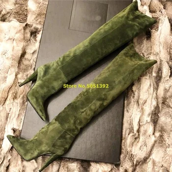 Ordu Yeşil Üzerinde Kee Süet Çizmeler İnce Yüksek Topuk Seksi Sivri Burun Fermuar Kış Kadın Çizmeler Uyluk Yüksek katı ayakkabı