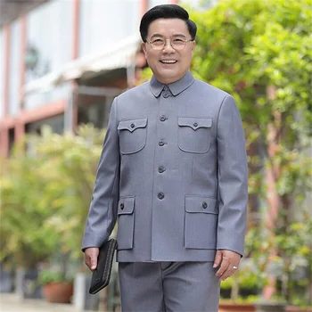 Orta yaşlı Çin tunik takım elbise seti erkekler blazer mont erkek ceket masculino ince giysiler casaco jaqueta masculina baba giyim gri