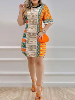 Patchwork Muz Grafik Baskı Rahat yaz elbisesi Kadın Yarım Kollu Günlük Mini Elbise