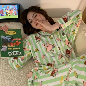 Patrick Yıldız Pijama Setleri Sonbahar Pamuk Ev Giyim Karikatür Sevimli Pijama Kadın Çizgili Yeşil Uyku Üstleri Uyku Dipleri 2 Parça Set