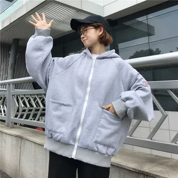 Peluş Yastıklı Hoodie kadın Yeni Kore Streetwear Harajuku Kawaii Büyük Boy Fermuar Kazak Giyim Tarzı Uzun kollu Üst