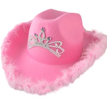 Pembe Tiara Batı Tarzı Cowgirl Şapka Kadınlar İçin Kız Haddelenmiş Fedora Kapaklar Tüy Kenar Plaj kovboy şapkası Pullu Batı Parti Kap