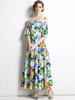Pist Moda Yaz uzun elbise kadınlar için açık omuzlu Çiçekler Baskılı Elastik Bel Tatil Zarif Tatil Parti Vestidos N1868