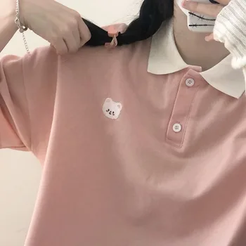 Polo tişört Kadınlar İçin Sevimli Baskı Pamuklu t shirt 2021 Yaz Pembe Gömlek Gevşek Harajuku Ter Kısa Kollu Üst Kızlar Kadın
