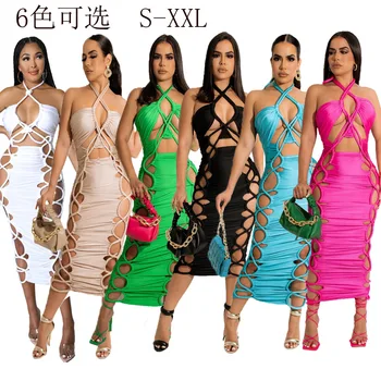 Rahat Kadınlar uzun elbise Hollow Out Halter Katı Renk Parti Gece Clubwear Kolsuz Elbiseler Kadınlar İçin Vestidos