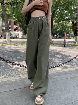 Retro Ordu Yeşil Kot Kadın Yüksek Bel Sonbahar Gevşek Streetwear Serin BF Harajuku Tam Boy Pantalones De Mujer Ulzzang Hipster