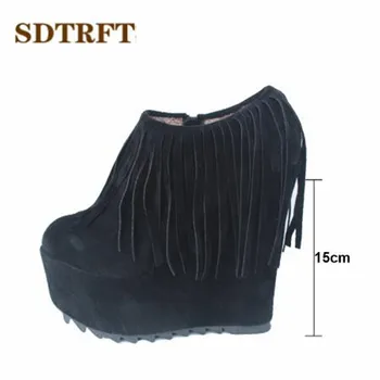 SDTRFT Püsküller yarım çizmeler 15 cm Yüksek Topuklu Platformu botas mujer Takozlar ayakkabı kadın Platformları Pompaları Küçük Metre:30 31 32 33-43