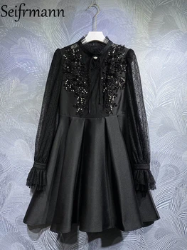 Seifrmann Yüksek Kalite Sonbahar Kadın Moda Tasarımcısı Parti Mini Elbise Flare Uzun Kollu Kristal Boncuk Aplikler Siyah Elbiseler