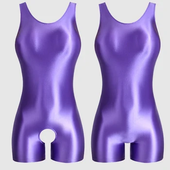 Seksi İpeksi parlak bodysuit açık kasık tek parça mayo Parlak tayt Yoga Yağlı yelek şort artı boyutu mayo shapewear