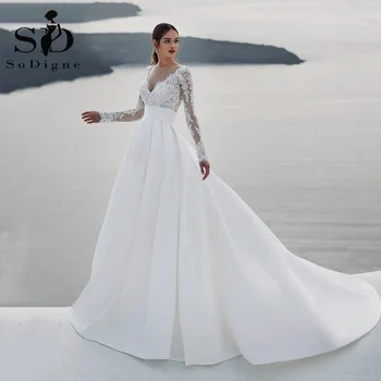 SoDigne Zarif Yaz Saten Gelinlik Dantel V Boyun gelin kıyafeti Uzun Kollu Bir Çizgi gelinlik Vestido de novia 2022