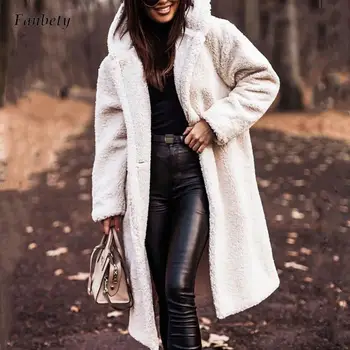 Sonbahar Kış Moda Yün Kapşonlu Uzun Palto Kadınlar Zarif Bulanık Cep Gevşek Giyim Rahat Uzun Kollu Düğme Katı Ceket
