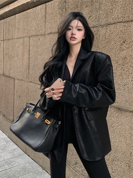 Sonbahar Rahat Suni Deri Ceket Kadın Kore Şık Uzun Kollu Turn Down Yaka Gevşek Streetwear Siyah PU Motosiklet Ceket