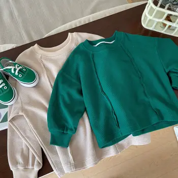 Sonbahar Yeni Çocuk Tee Giyim Erkek ve Kız Kore Giysi Ham Dikiş Moda Rahat Gevşek Waffle Örme Kazak